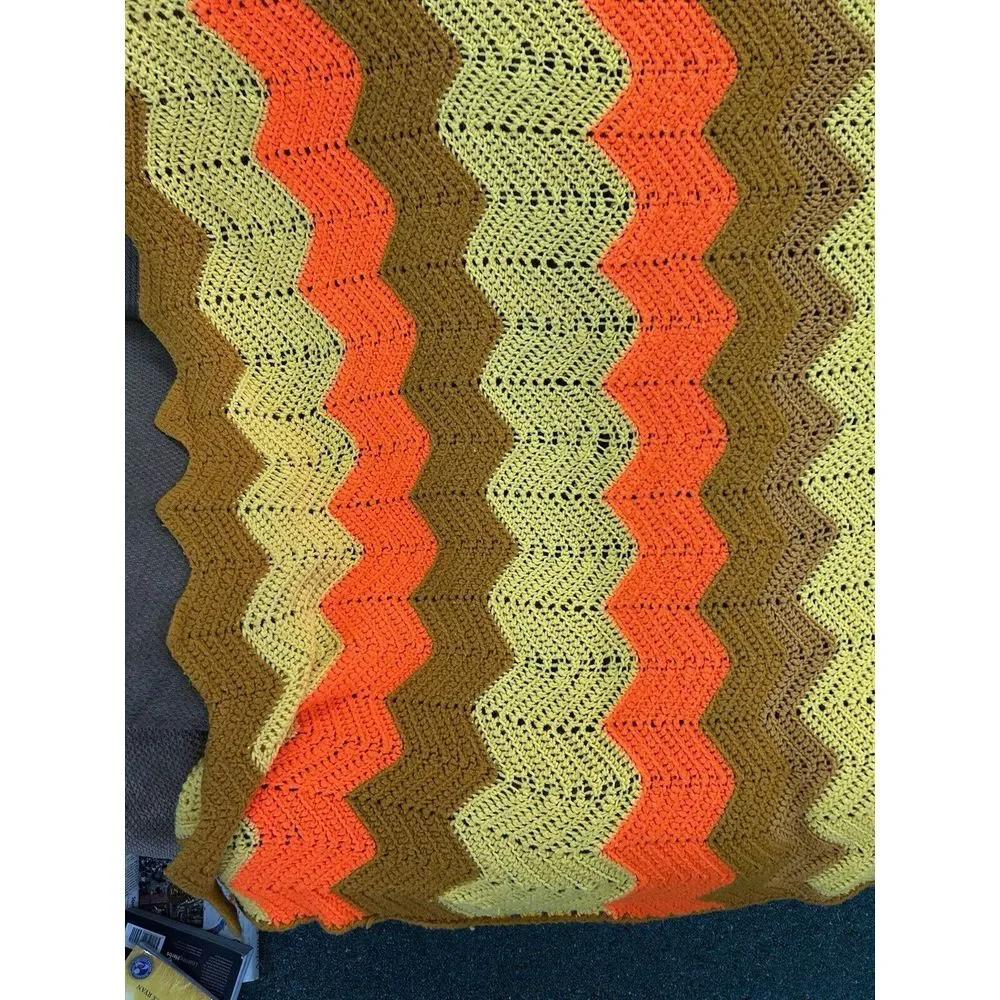 Vintage‎ Handmade Crochet Afghan Throw Orange Brown 70s 95X60